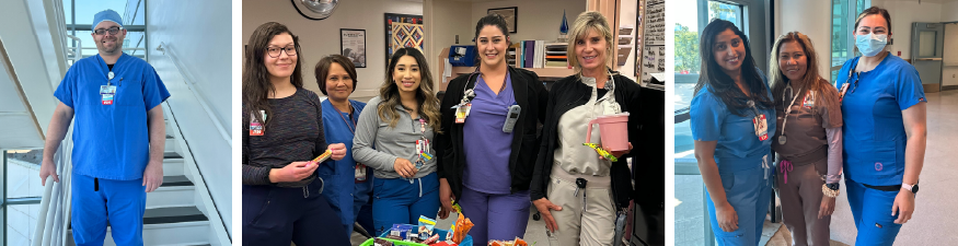 series of 3 nursing images: left: nurse standing in scrubs; middle: 7 nurses standing will awards of excellence; right: two nurses smiling and talking to a third person out of the shot