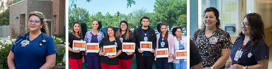 series of 3 nursing images: left: nurse standing in scrubs; middle: 7 nurses standing will awards of excellence; right: two nurses smiling and talking to a third person out of the shot